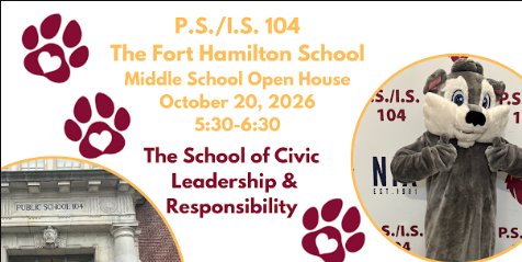photo of school mascot alpha, pawprints and 104 school building